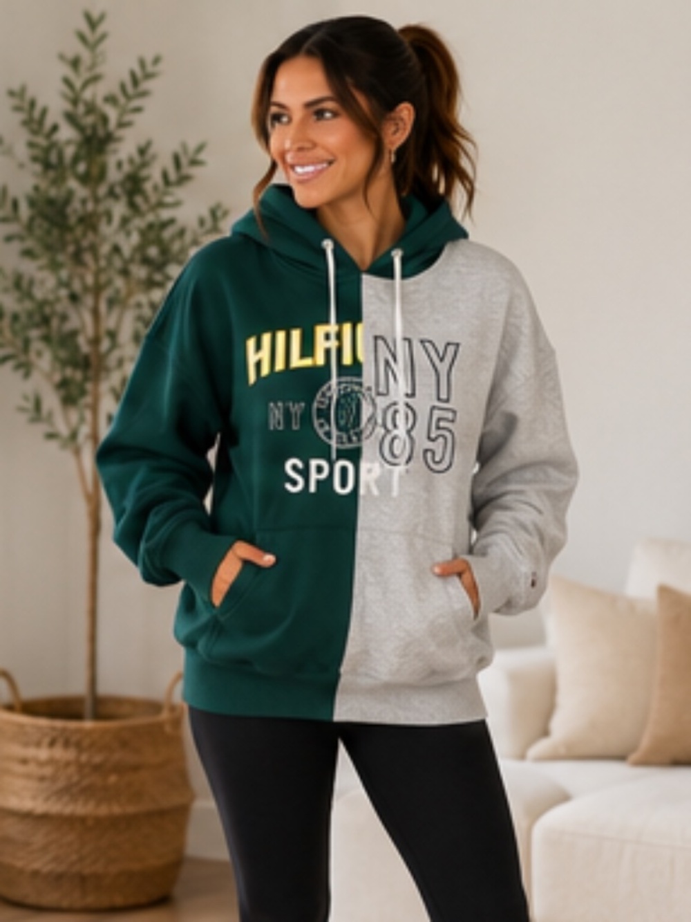 Tommy Hilfiger Sport Colorblock Hoodie Sweatshirt Green Gray XL NWOT